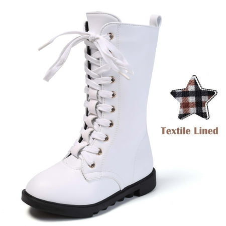 

DADAWEN Boys Girls Knee-High Boots Leather Lace-Up Winter Boots Side Zipper Mid Calf Combat Riding Boots White 3 Little Kid