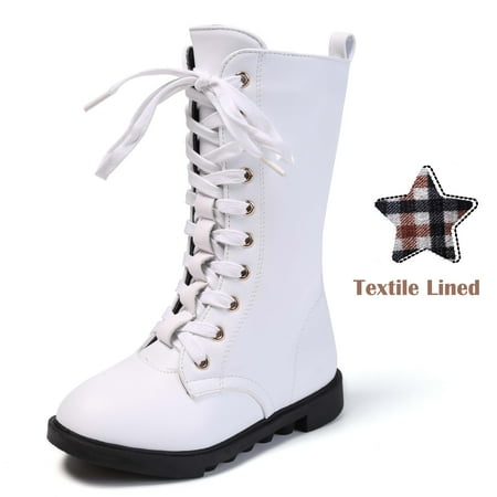 

DADAWEN Boys Girls Knee-High Boots Leather Lace-Up Winter Boots Side Zipper Mid Calf Combat Riding Boots White 3 Little Kid