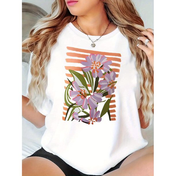 Women's Floral Print Fashion Tee - Casual Round Neck Short Sleeve, Comfortable Polyester Blend Summer Top with Striped and Flower Design