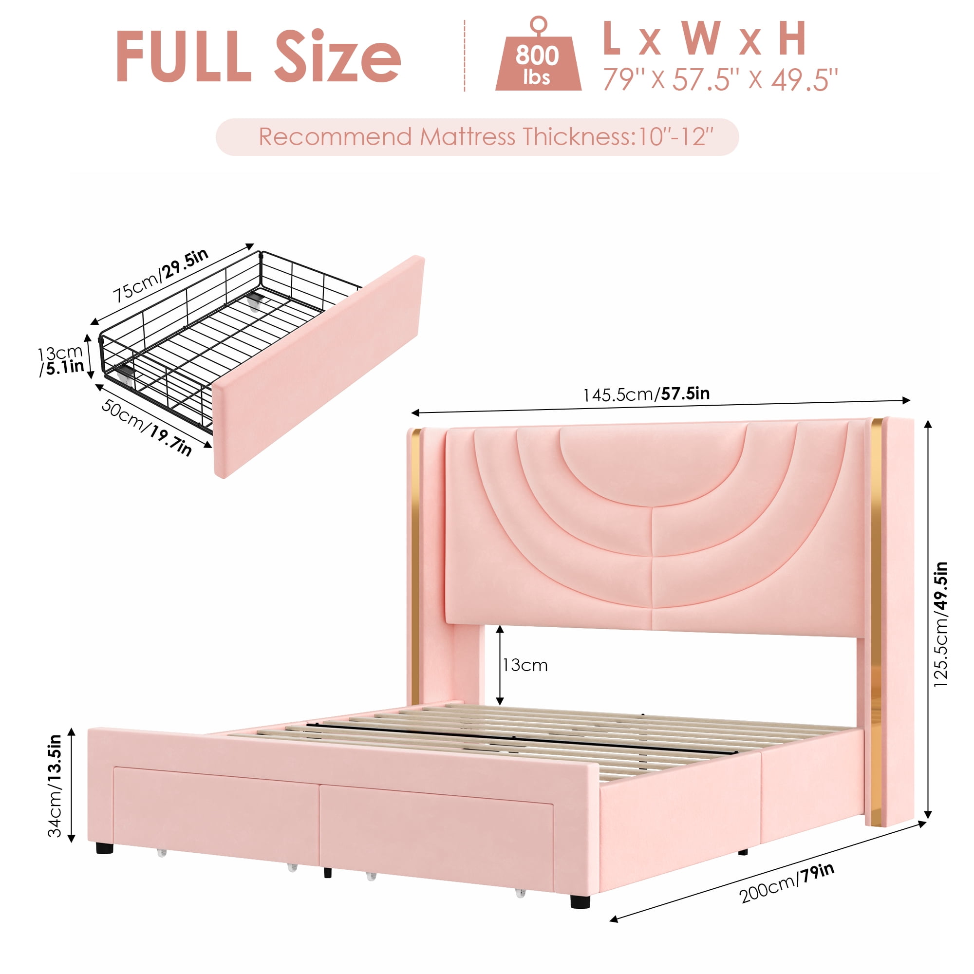 Homfa Full Size LED Bed Frame with 2 Drawer Storage, Wingback Platform Bed with Velvet Upholstered Headboard, Pink