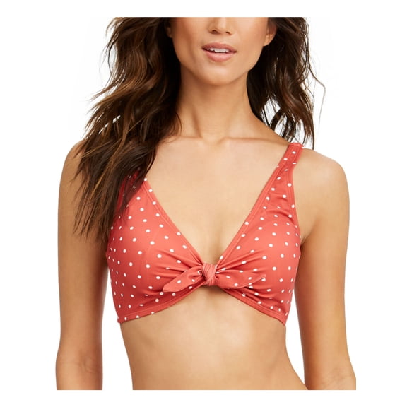 SUNDAZED Women's Coral Polka Dot Stretch Lined Molded Cup Bikini Deep V Neck Tie Swimsuit Top 36D