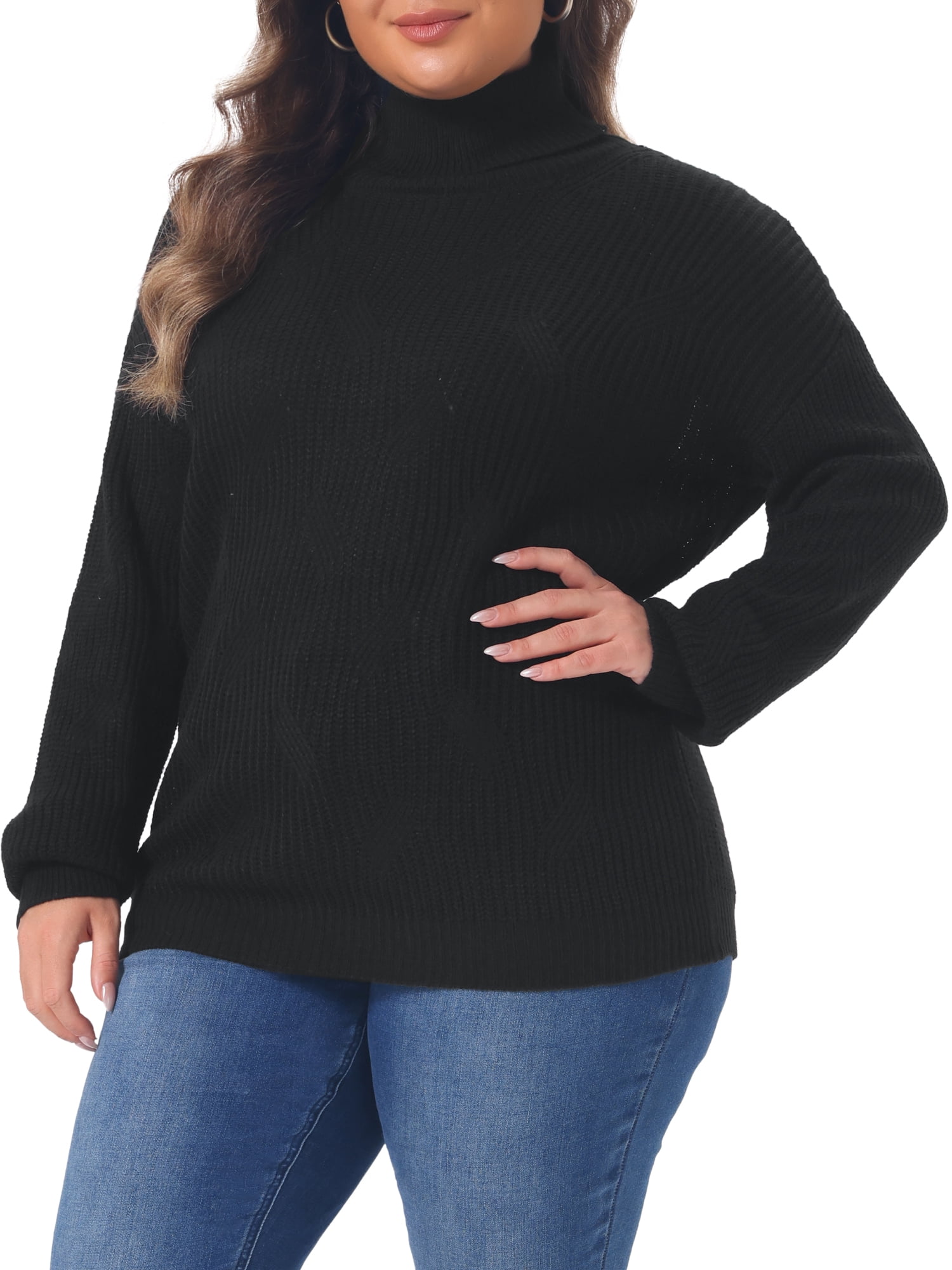 DARING DIVA Women's Plus Turtleneck Long Sleeve Chunky Pullover 2X Black