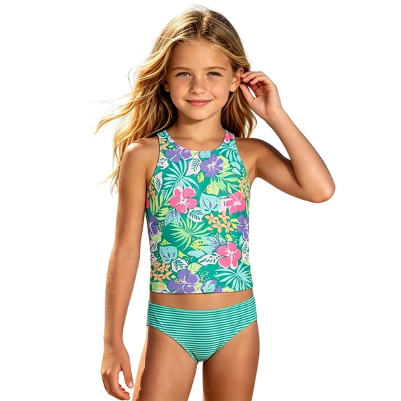 Miaoju Girls Swimsuit 2 Piece Bathing Suit Contrast Girls Tankini Adjustable Straps Modest Swimwear 9-16y