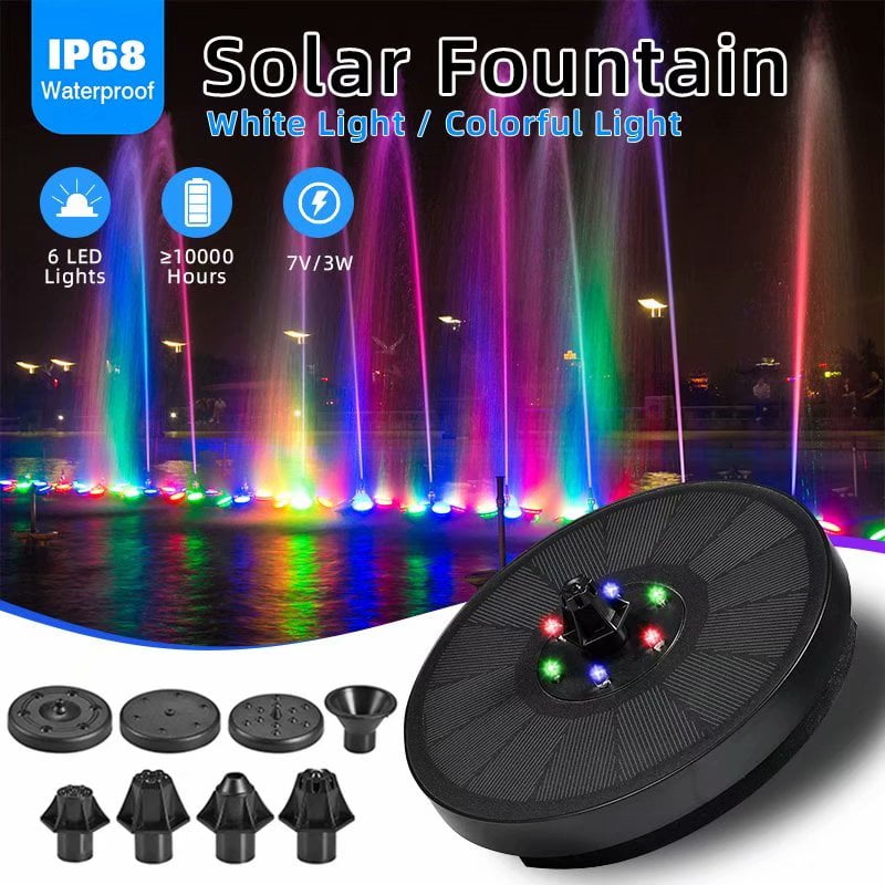 Solar Water Pump for Fountains,Solar Fountain Colorful LED Lights Swimming Pools Fountain,Upgraded 7V 3W Free Standing Floating Bird Bath with 7 Water Style for Garden Swimming Pools