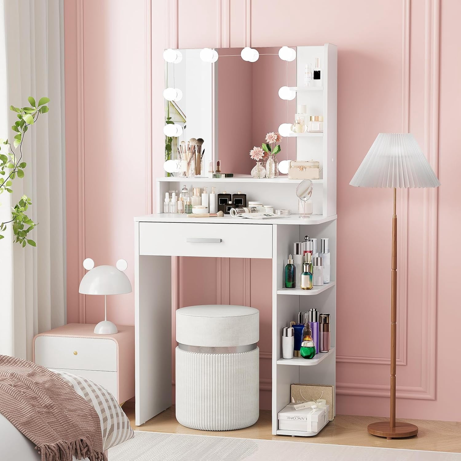 Vanity Desk with Mirror and Lights, Akaber 26.4" Makeup Vanity with Large Drawer, 6 Storage Levels, Small White Vanity Desk with Large LED Mirror