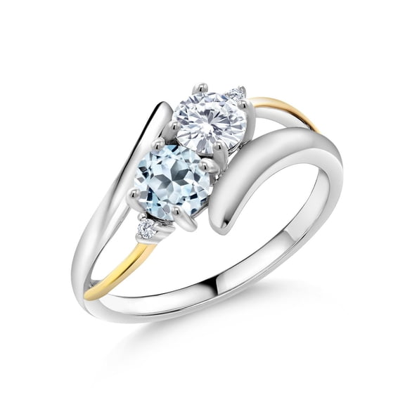Gem Stone King 925 Silver and 10K Yellow Gold Lab Grown Diamond Two Stone Crossover Ring Near Colorless (GH, Size 8) Moissanite Topaz 1.22 Cttw