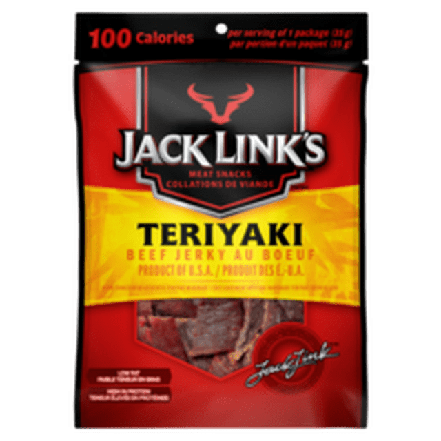 JACK LINK'S TERIYAKI BEEF JERKY 35G pouch in red and yellow featuring bold text with 100 calories per serving, made from 100% premium beef marinated in teriyaki sauce with soy, garlic, and ginger, slow smoked for flavor, a protein-rich dried meat snack ideal for on-the-go nutrition.