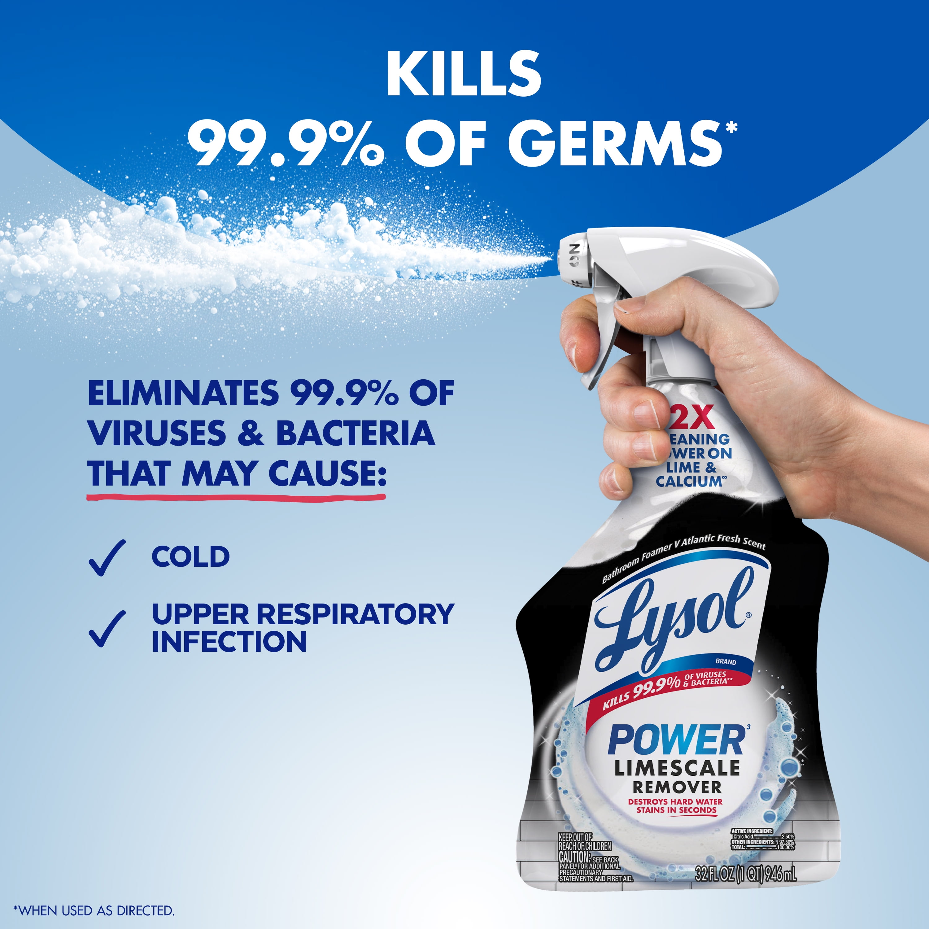 Lysol Power Limescale Remover Bathroom Cleaner Spray, Hard Water Stain Remover, Disinfecting Multipurpose Cleaner, 0% Bleach, Atlantic Fresh Scent, 32 fl oz