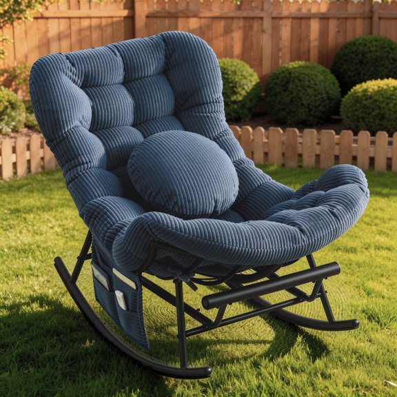 Homefun Rocking Chair with Thick Cushion Footrest,Indoor/outdoor Oversize Rocker Wicker Steel Chair(Blue)