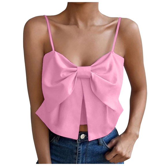 XFeng Women Big Bow Front Crop Cami Top, Split Hem Spaghetti Strap Blouse