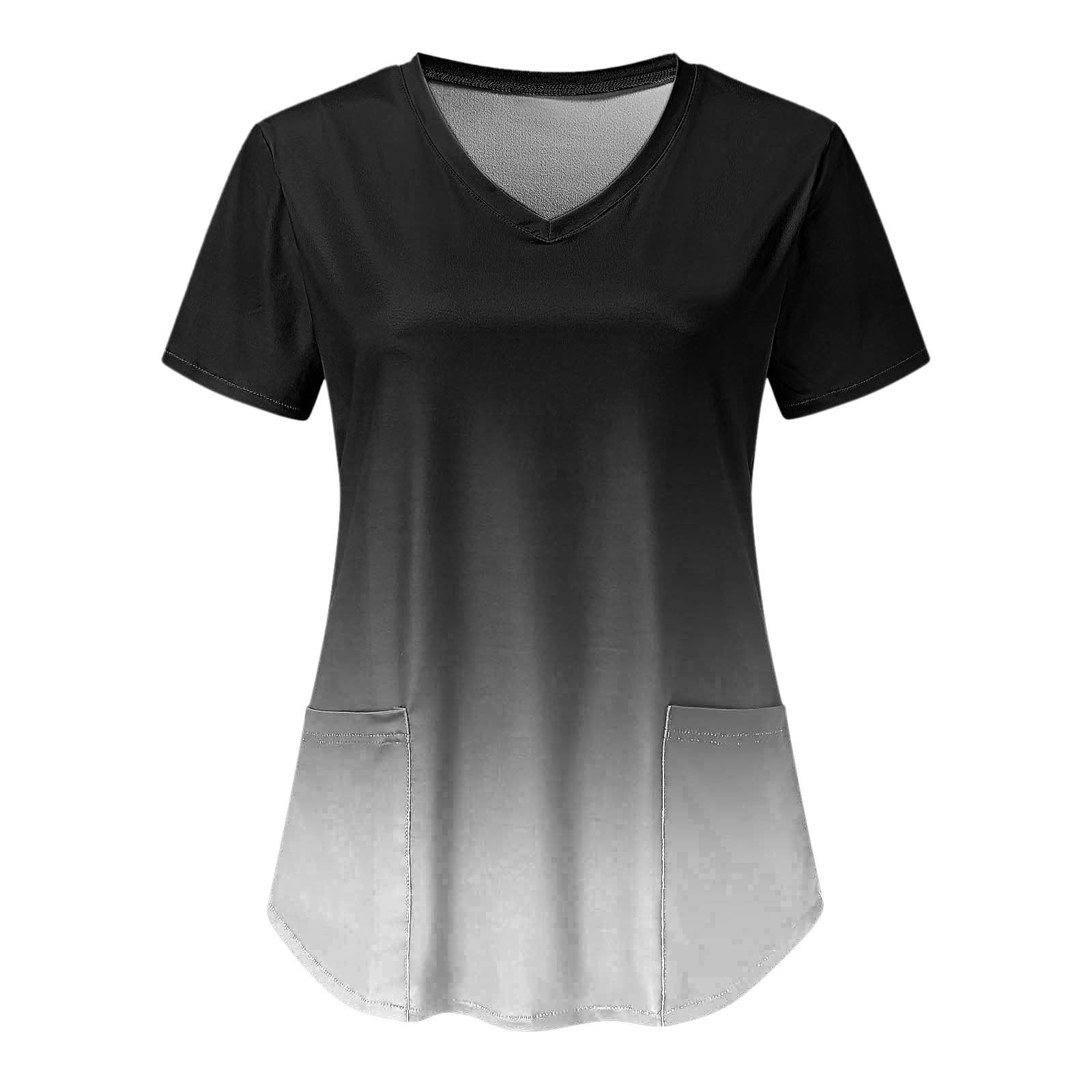 Youmylove Women Scrubs Top Fashion Gradient Print Short Sleeve VNeck Tops Holiday Working