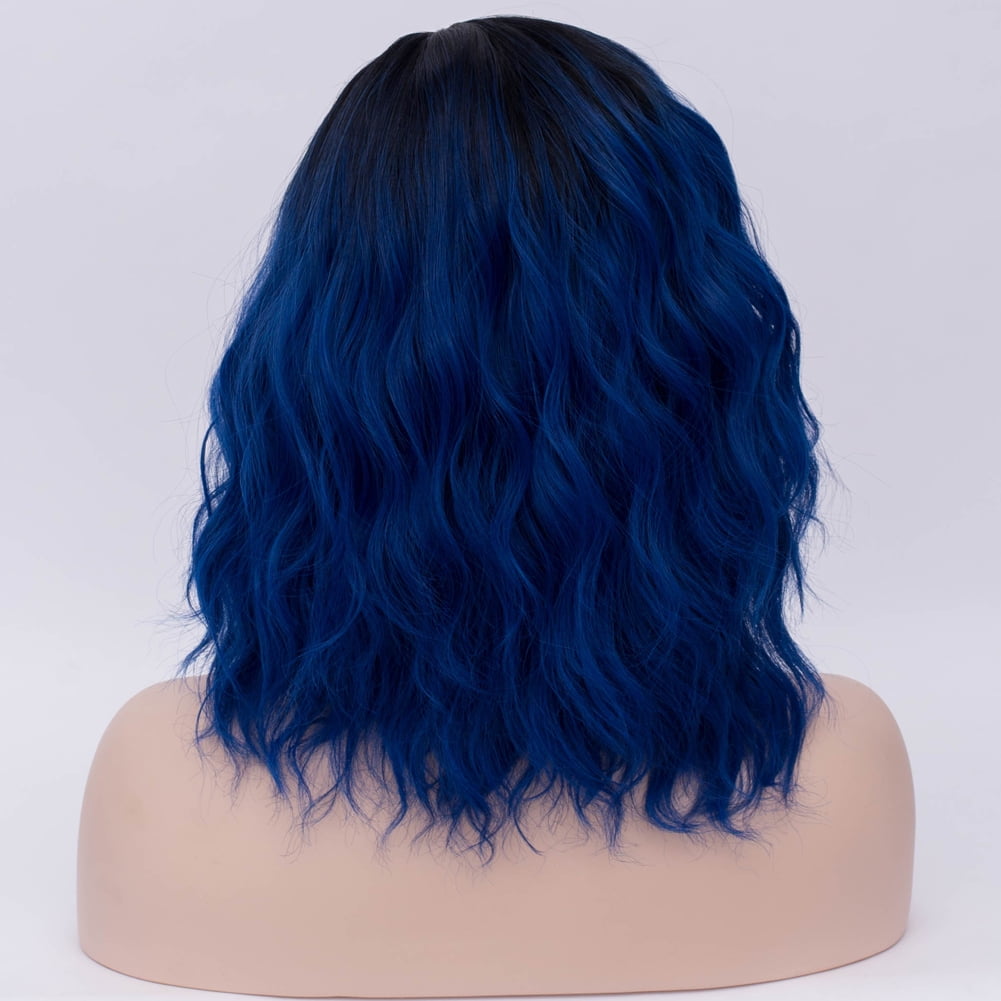 BERON Black Blue Short Wigs Women Girls Curly Wavy Hair Wig 14" Body Bob Cosplay Party or Daily Use Wigs
