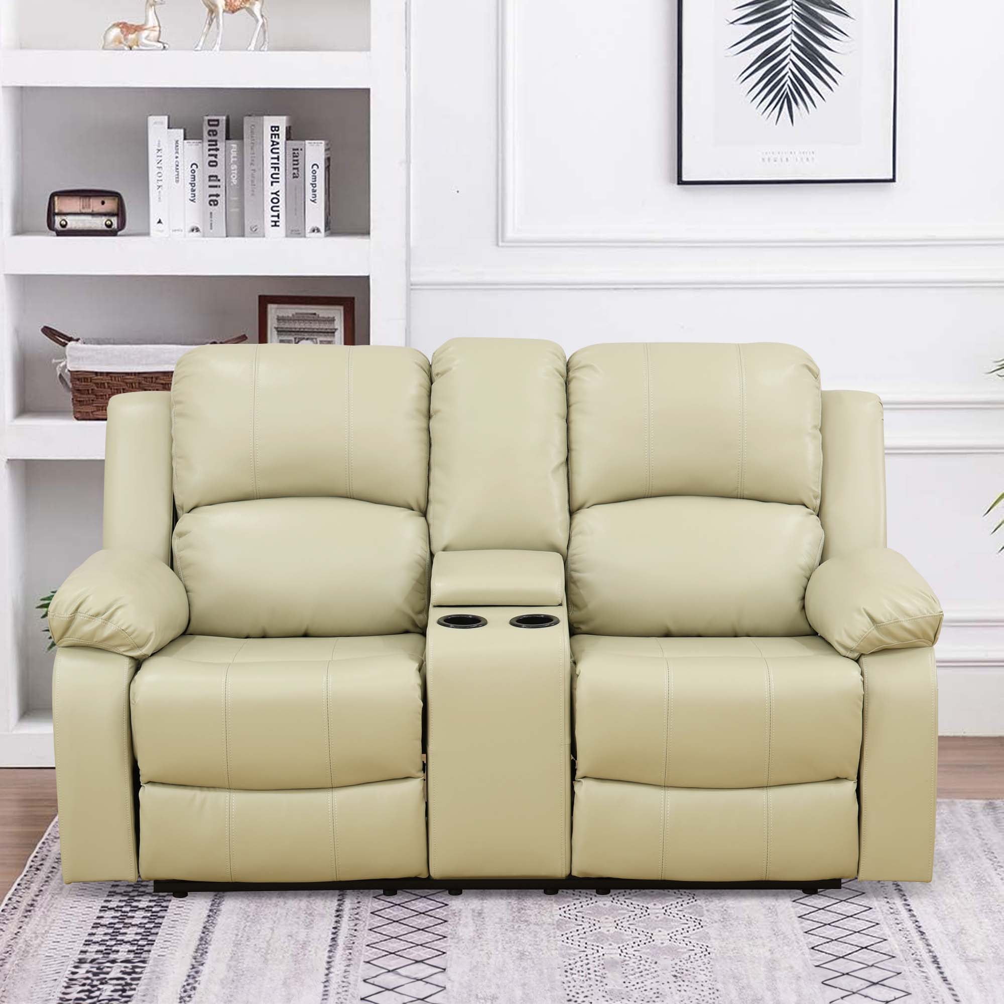Aukfa Double Manual Recliner Chair, Overstuffed Loveseat with Cupholder for Living Room, Beige
