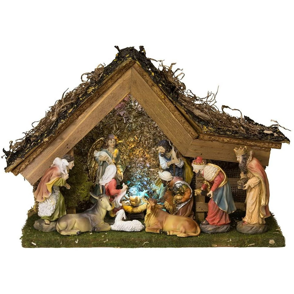 Kurt Adler 9.5Inch Musical LED Nativity Set with Figures and Stable
