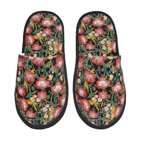 Balery Watercolor Red Wildflowers Slient Indoor Furry Fleece Comfort House Shoes Soft Non-Slip Home Shoes Cotton slippers House Slippers-- Large