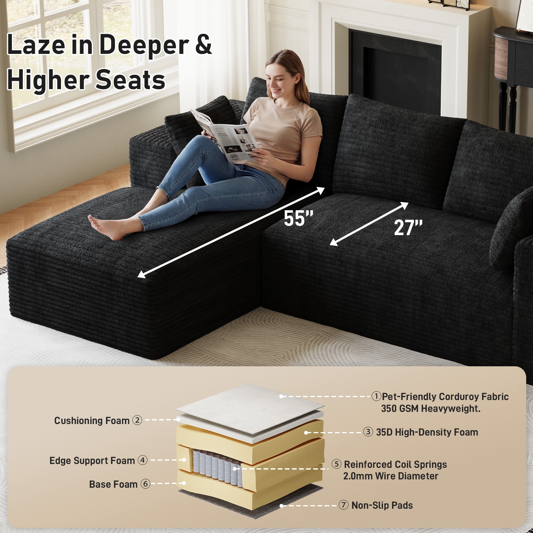 Wiilayok 107" Cloud Sectional Couch with L-Shape Chaise,Modern Modular Sofa with Deep Seat, Comfy Boneless Upholstered Couches for Living Room Bedroom,Black