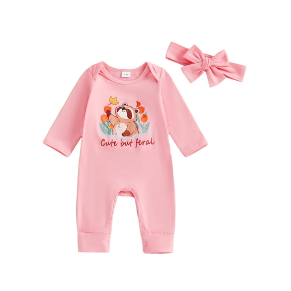 BemeyourBBs Newborn Baby Girl Raccoon Romper Outfits Winter Fall Spring Clothes Long Sleeve Racoon Print Jumpsuit with Headband Set