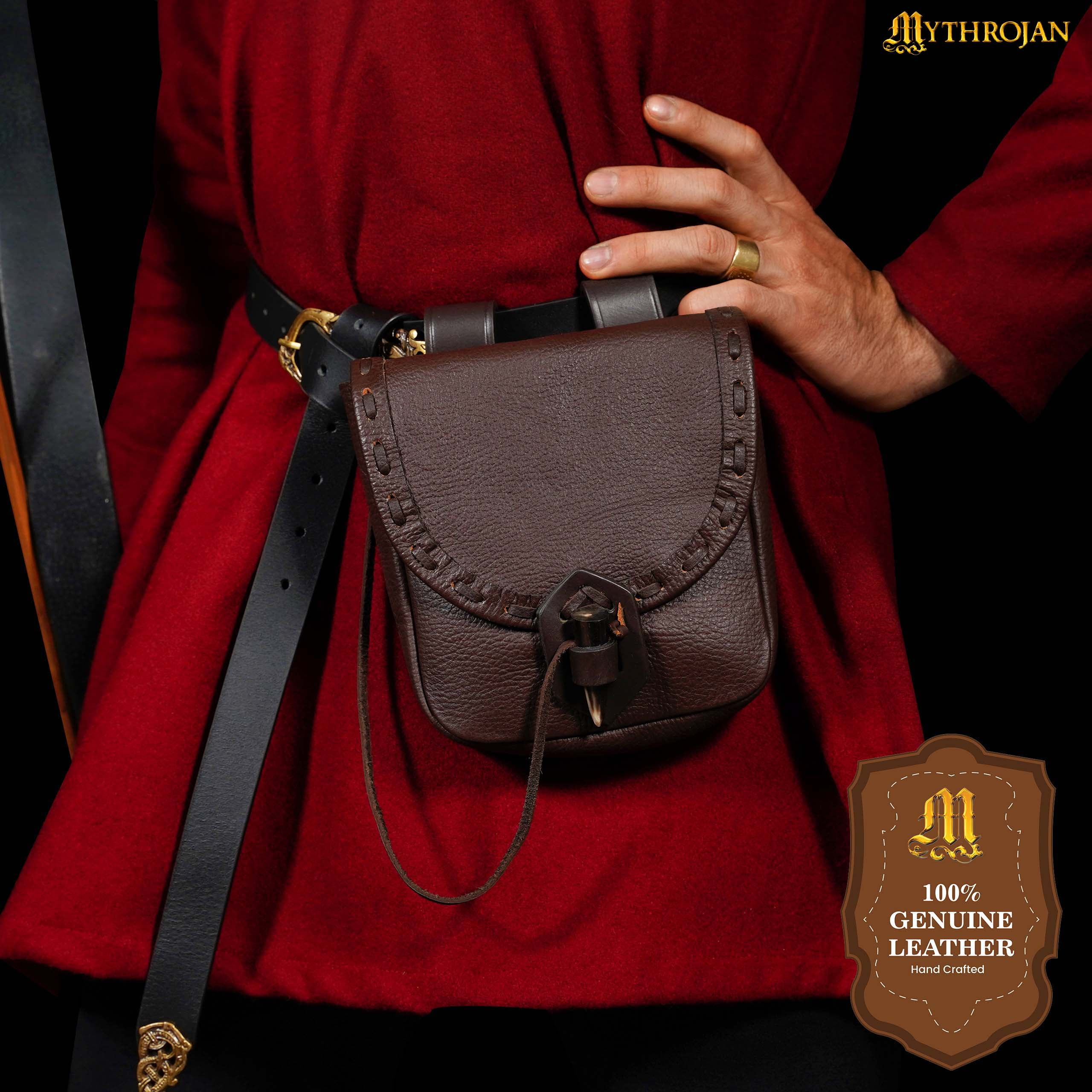 Mythrojan Medieval Leather Belt Pouch – Renaissance Waist Bag, Red & Black, 8.2x6.6 Inches