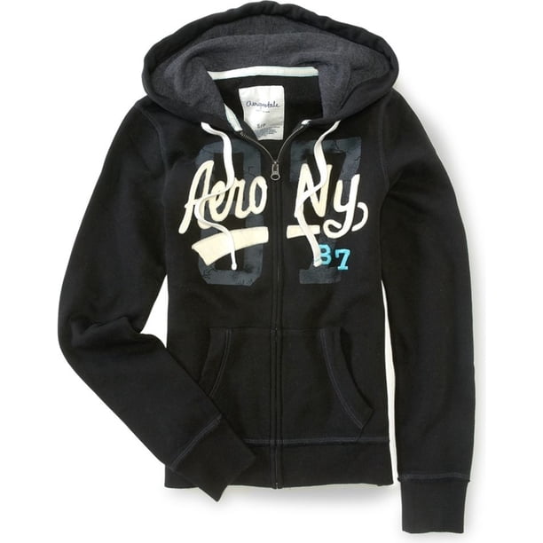 Aeropostale - Sudadera con capucha y cremallera para mujer Aero Ny 87, color negro, grande