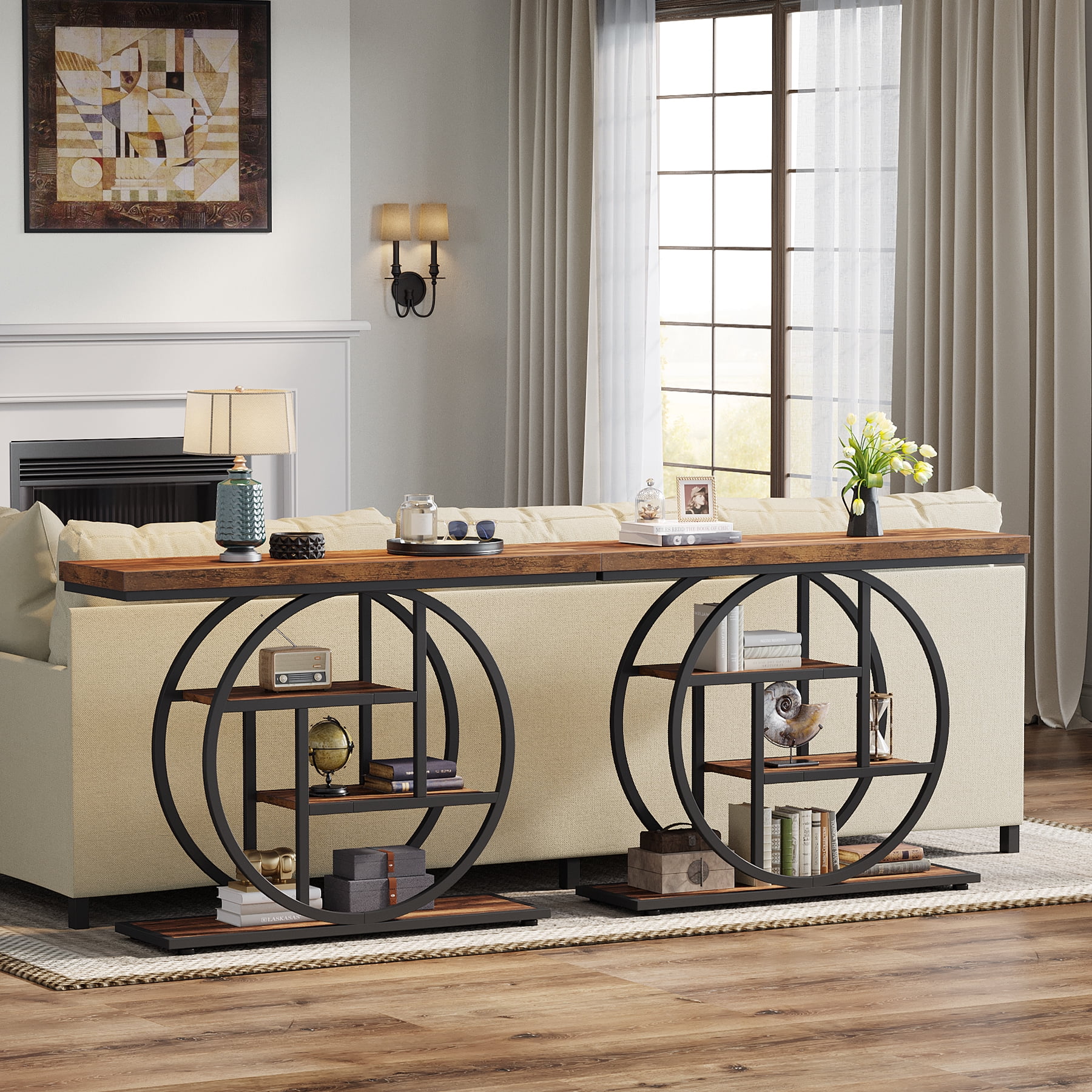 Fnova Console Table, Entryway Table with 4-Tier Storage Shelves, 42" Wood Modern Narrow Long Side Table, , Sofa Table, Accent Table for Living Room, Entryway, Hallway, Dark Brown and Black
