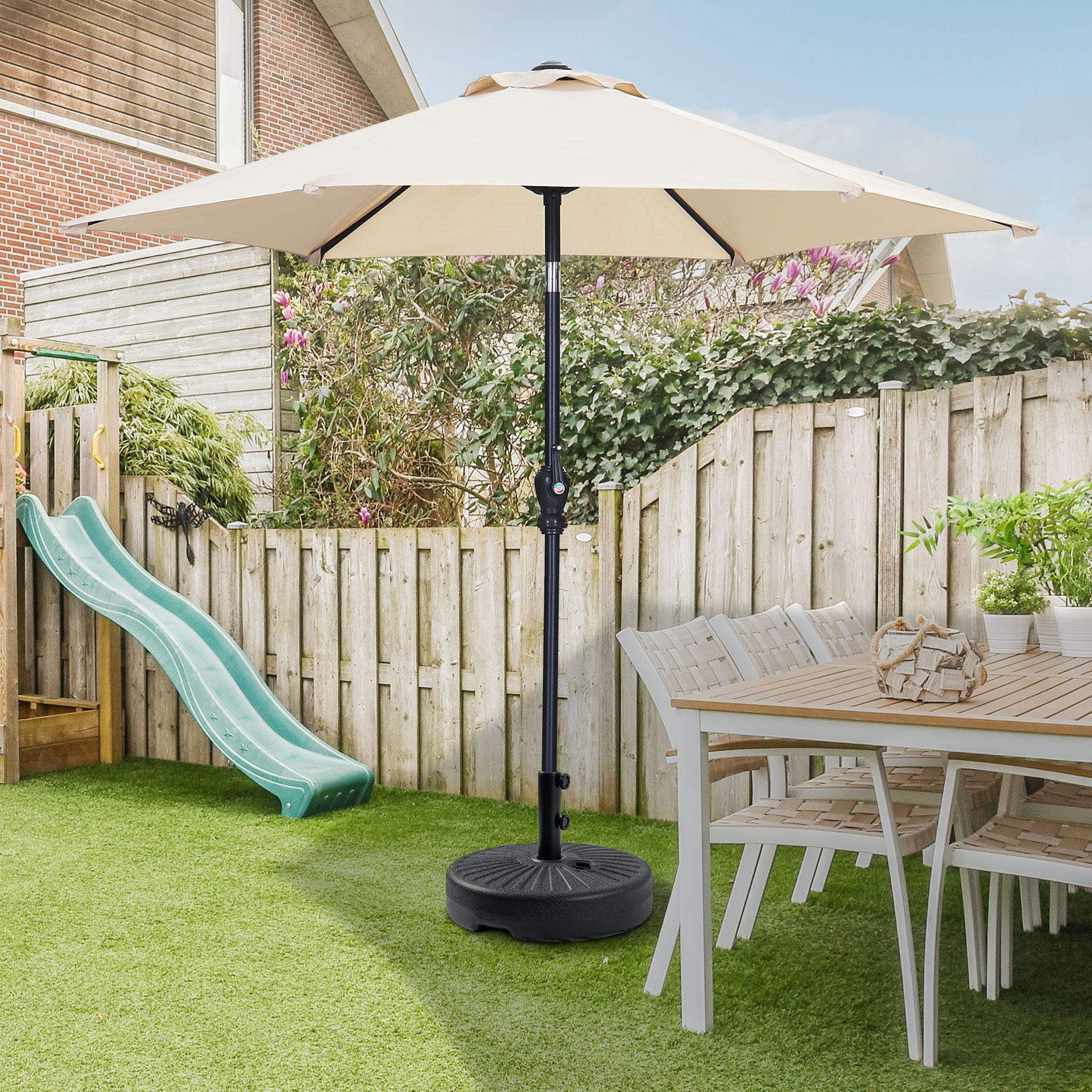 Autlaycil 7.5 FT Beige Patio Umbrella and Matching Base, Push Button Tilt Market Umbrella, Crank and Sturdy Ribs for Garden, Deck, Yard, Pool