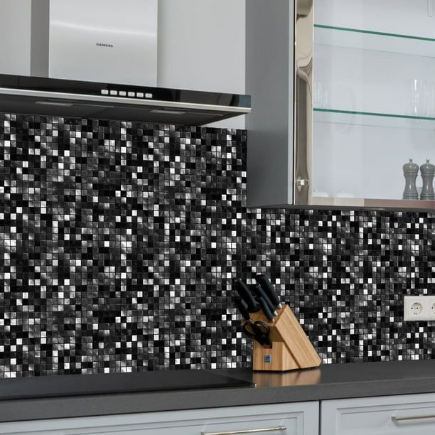 Adhesivo para azulejos para baño y cocina 15 * 15 cm Película adhesiva para azulejos de mosaico en blanco y negro Pegatinas 2D para decoración de azulejos de paredes (blanco y negro) 24 piezas