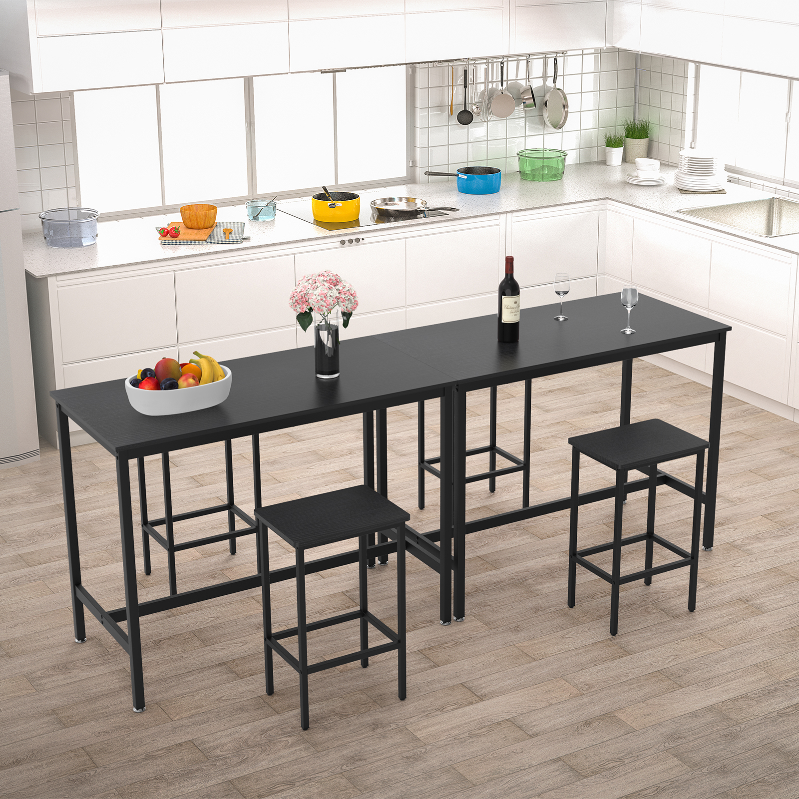 3 Piece Bar Table and 2 Chairs Set Counter Height Dining Set, Black