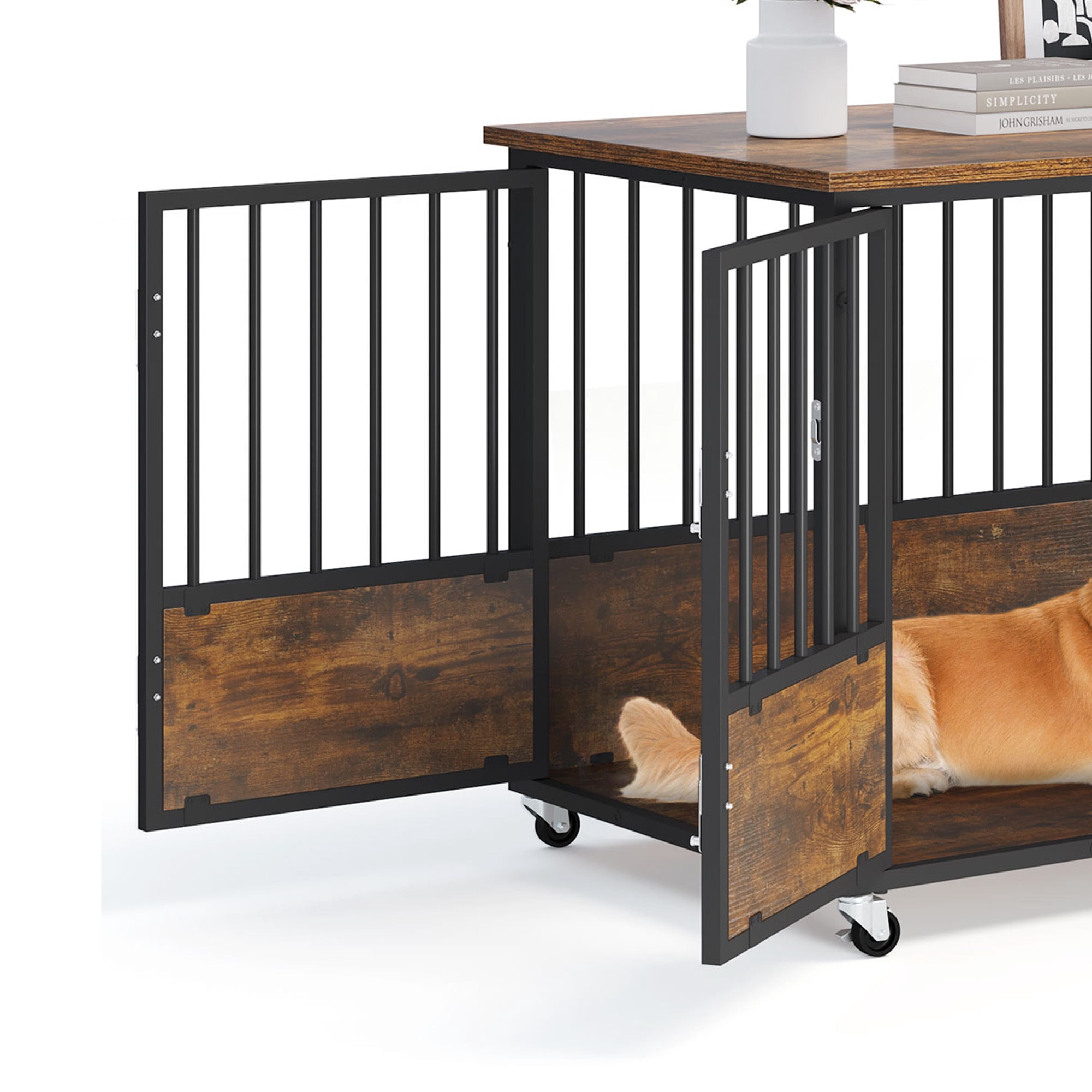 Uforic 38" Dog Crate Furniture with Double-Doors, Wooden Indoor Dog Kennel,Dog Cage for Indoor, Rustic Brown