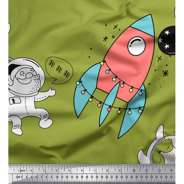 Soimoi Green Velvet Fabric Rocket & Penguin Cartoon Print Fabric by the Yard 58 Inch Wide