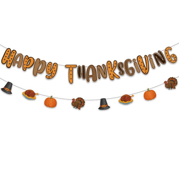 Happy Thanksgiving Banner Garland, Turkey Pumpkin Pilgrim Hat Holiday Party Decoration