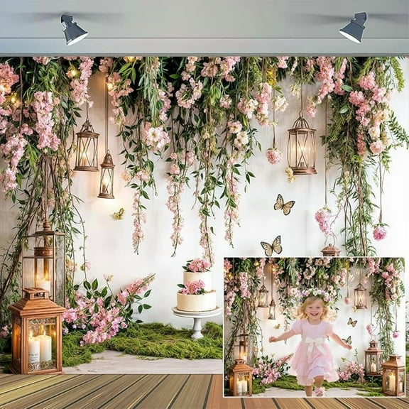 Pink Floral Baby Shower Backdrop Spring Butterfly Flower Baby Shower Photography Background Greenery Leaves Wedding Bridal Shower Birthday Party Decorations Banner Supplies Photo Booth Props