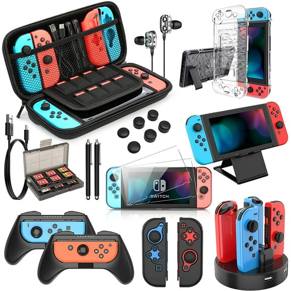 HEYSTOP Switch Accessories Bundle 27 in 1 Compatible with Nintendo Switch, Gift Kit with Carrying Case, Dockable Protective Case Cover, Screen Protector, Steering Wheel, Joycon Grip & More (Black)