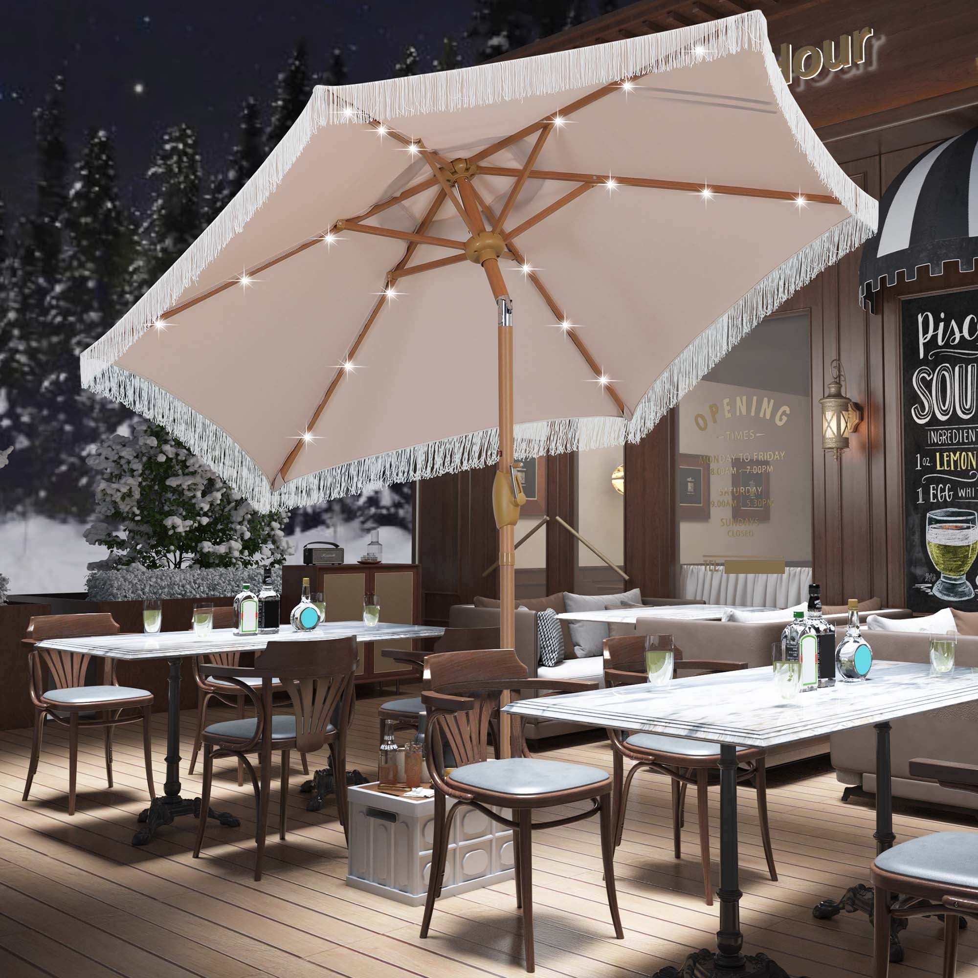 a&m patio umbrella Autlaycil 7.5 ft Fringe Patio Umbrella with 18 LED Lights and Sturdy Ribs  for Lawn, Garden, Backyard and Pool, Khaki