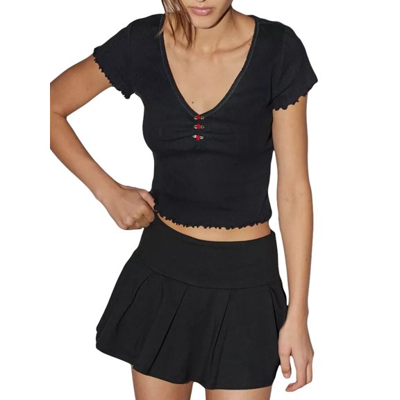 Michellecmm Women Crop Basic T-Shirts Lettuce Trim Summer Short Sleeve Tops