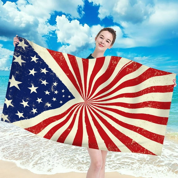 FastXmas American Flag Beach Towel, Microfiber Star and Stripes Print Sand Free Beach Towel, Super Absorbent Lightweight Quick Dry Bath Towel 4th of July Sport Towels for Camping Yoga(28"x55")