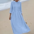 thumbnail image 3 of BLTIBY Womens Summer Cotton Linen Beach Dress Flowy Long Sleeve Crew Neck Button Pleated Maxi Dresses Stylish Loose Casual Dress Slit Blue L, 3 of 9