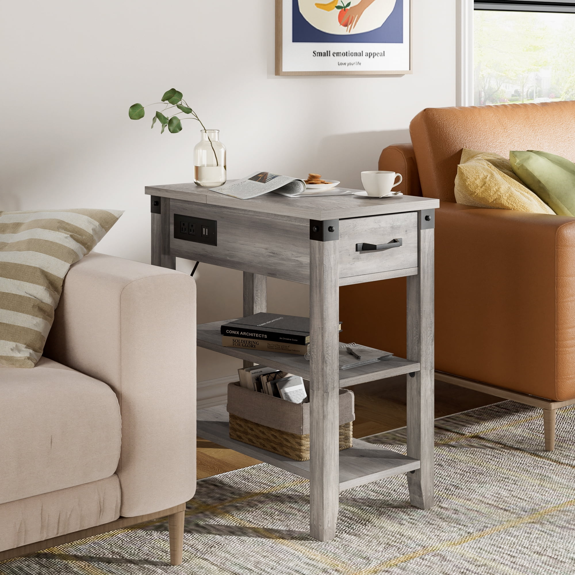 WhizMax End Table with Charging Station, 3-Tier Narrow Side Table with Drawer and Storage End Table Wood Farmhouse Bed Side Table/Night Stand for Living Room Bedroom Office (Rustic Grey)