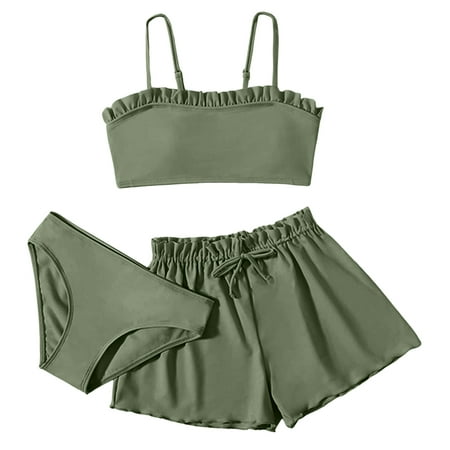 WOYY Tween Girls Bikini Swimsuit with Boyshorts Solid Quick Dry Bathing Suit 3-Piece