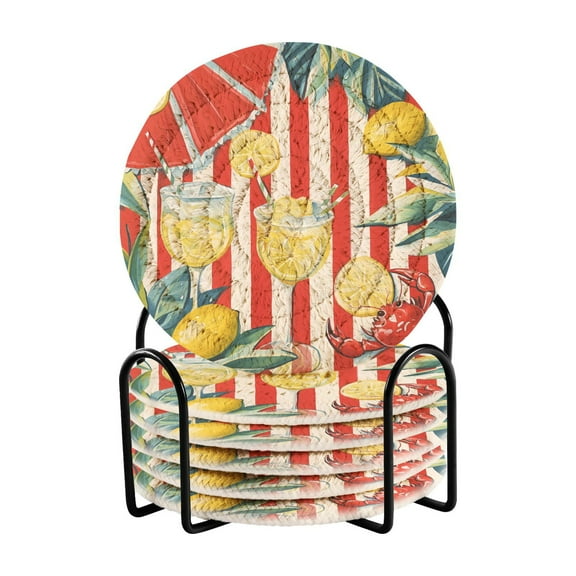 Yayeee 6 PCS Drink Coasters with Holder Set Woven Absorbent Round Tabletop Hot Pad, White Striped Lemon