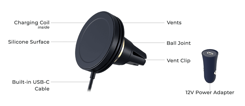 Velox Wireless Mini - MagSafe Compatible Air Vent Car Mount Phone Holder - Blue (Car Charger Included)