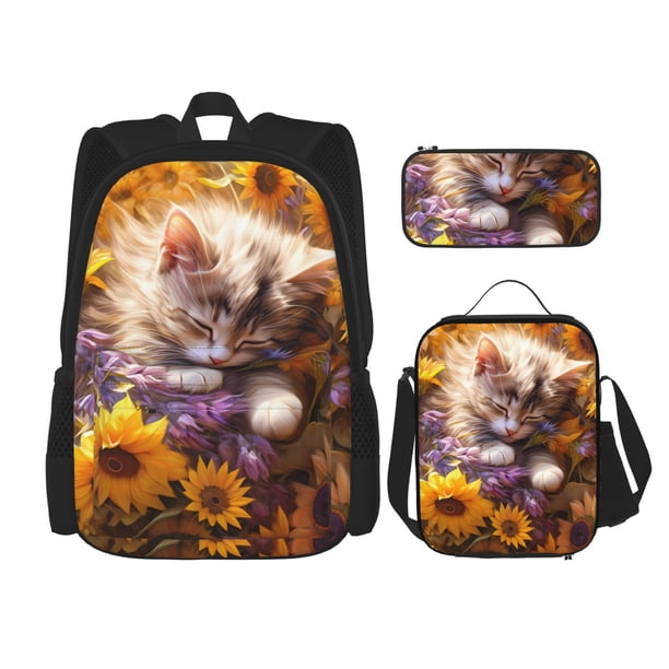 Easygdp Cute Cat Sunflower Mochila para Niños y Niñas con Set de Caja de Almuerzo y Estuche para Lápices 3 en 1, Mochila Escolar Estampada para Adolescentes