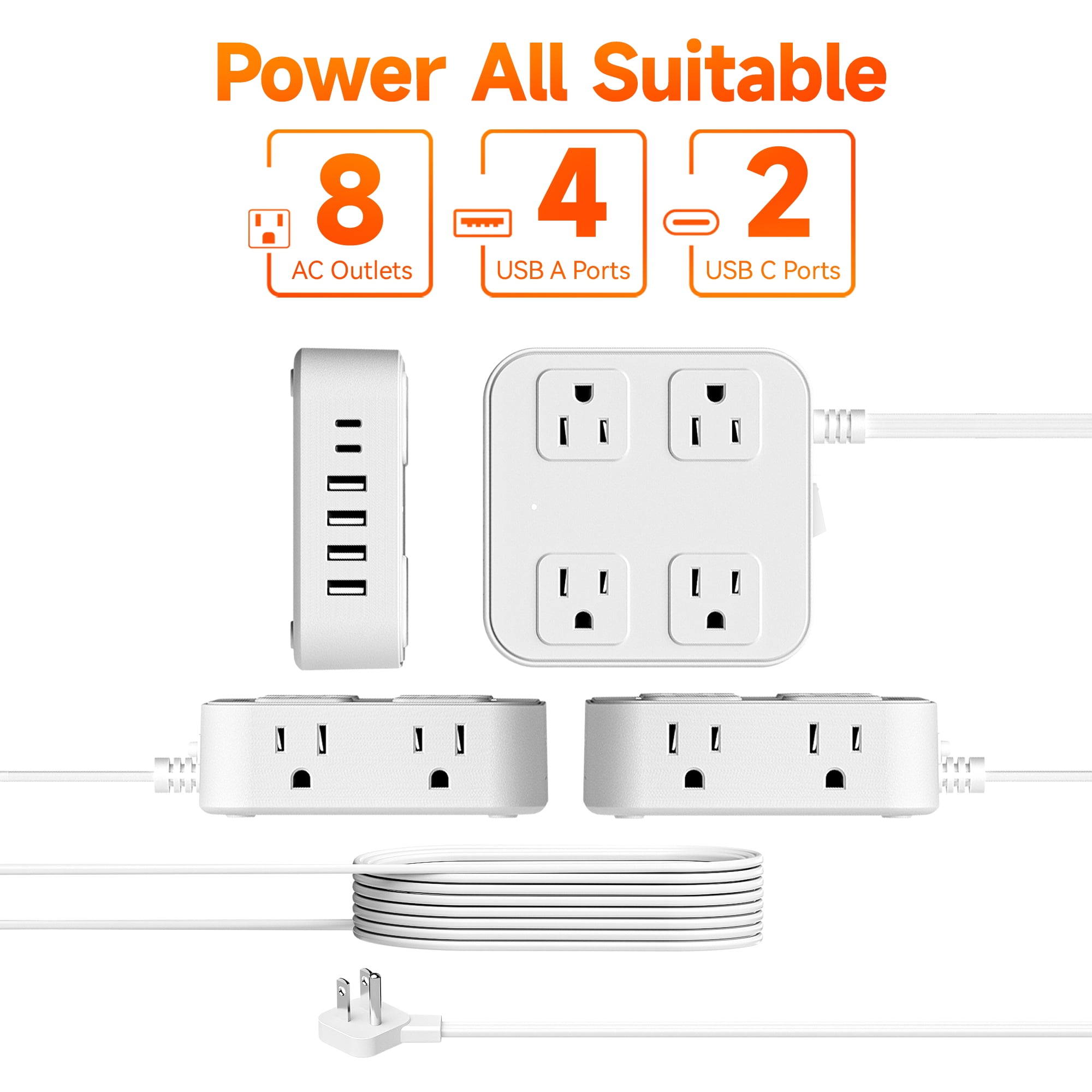 USB Charging Strip - 8 AC Outlets Extender 6 Fast-Charging USB Ports Heavy-Duty US Standard Socket with Extension Cable Multi-Device Charger Station for Office Home Travel（White）