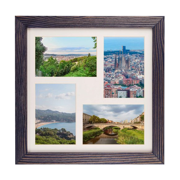 Cadre Photo Collage Carré en Bois Massif Rustique 12x12 Pouces – Affiche Quatre (4) Photos 4x6 Pouces avec Passe-Partout pour Suspension Murale - Gris Foncé