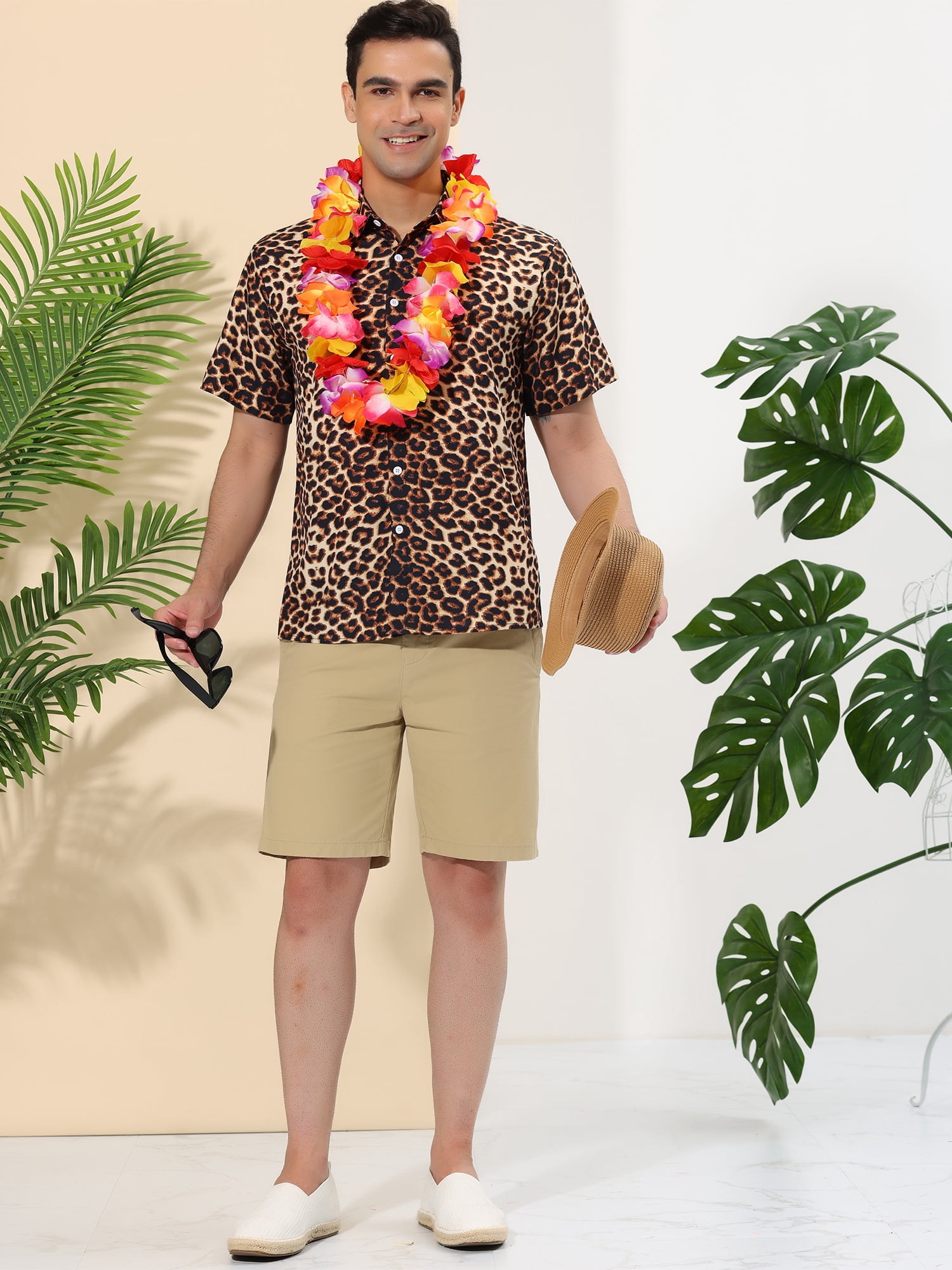 Unique Bargains Men's Animal Print Short Sleeves Casual Summer Printed Shirts S Leopard Print