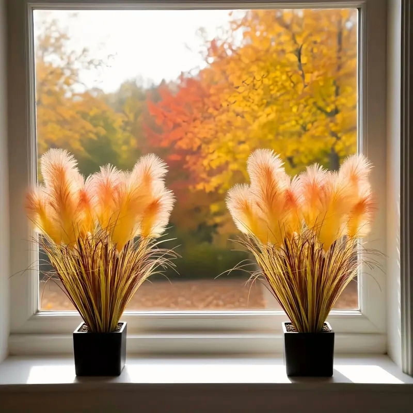 2 pieces artificial imitation reed flowers, autumn harvest large orange yellow reed flowers with onion grass, 31.50 inches high dry feathery stems, maintenance-fre,e indoor/outdoor decoration