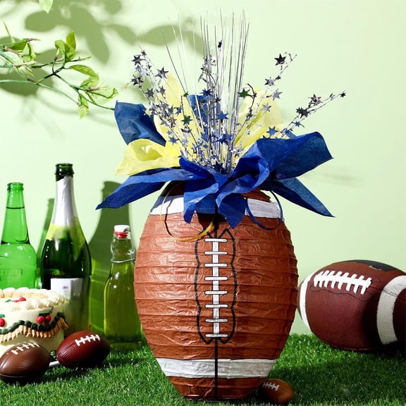 Rossesay 26 Pieces Football Paper Lantern Centerpieces Decorations Football Table Centerpieces with Metallic Foil Spray Center Wrapping Paper and Ribbons for Sport Birthday Party Favors