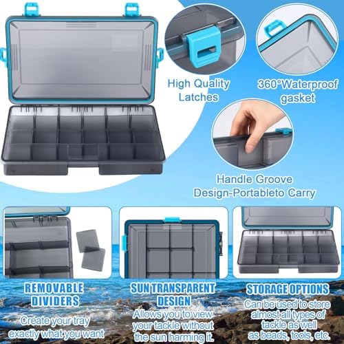 Voylla 6 Pack Fishing Tackle Boxes Waterproof 3600 and 3700 Tackle Trays with Removable Dividers Plastic Storage Organizer Bait Vault Camouflage Box for Freshwater Saltwater (Blue,3700)