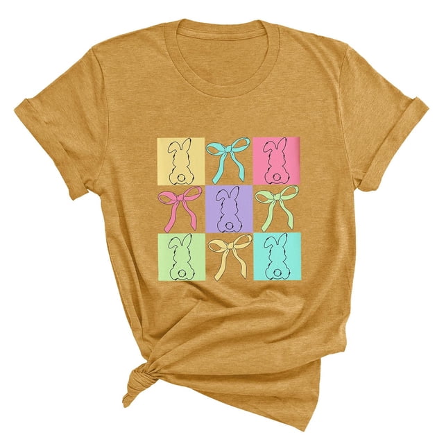 Plebaso T-Shirts de Pâques pour Femmes Manches Courtes Imprimés Graphiques Hauts Été Décontractés Amples