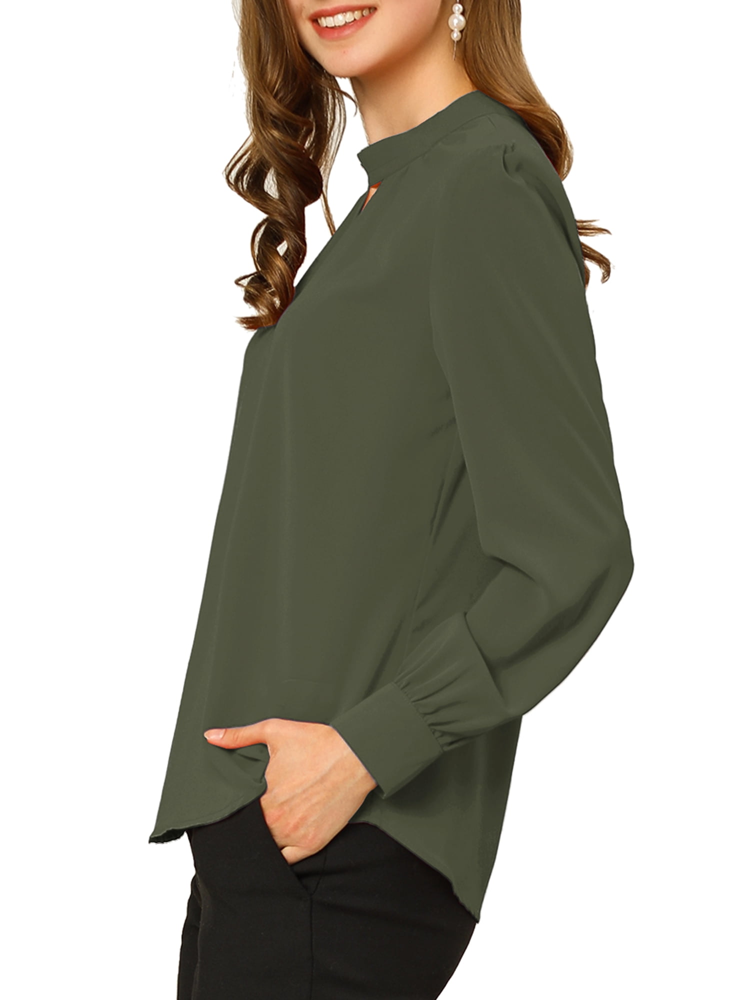 DARING DIVA Women's Stand Collar Long Sleeve Office Blouse XL Dark Green