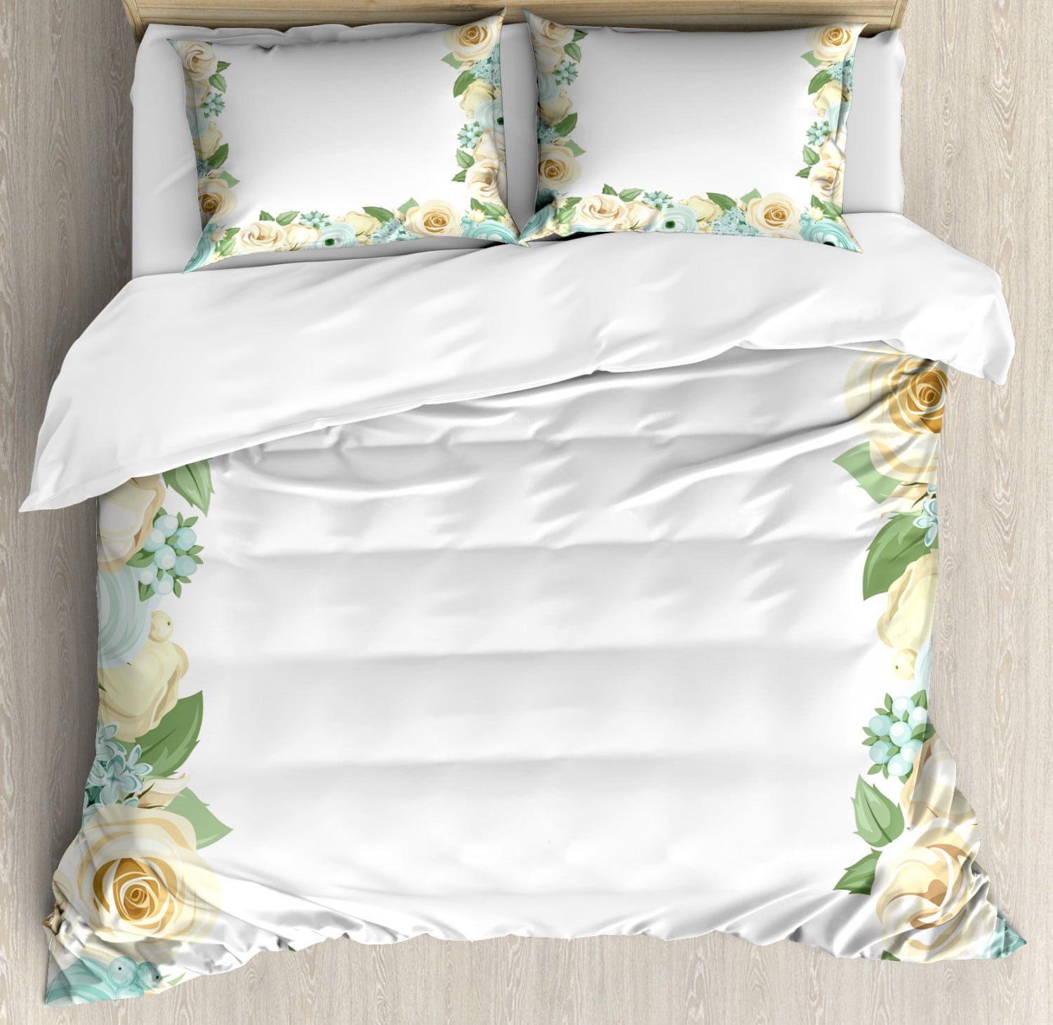 Shabby Chic King Size Duvet Cover Set, Flowers Roses Leaves Buds
